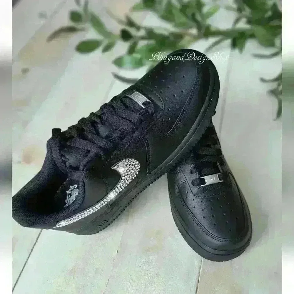 Nike Air Force 1 07 Black Sneakers Shoes made with Swarovski Crystal Bling Nikes